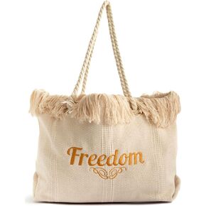 Tote Bag Eco Friendly Canvas with Fringes 100% Recycled Canvas Beach Bag Market Bag Shopping Bag Travel Bag Gym Bag 'Freedom' Embroidered Shoulder Bag Multi Purpose Large Handbag, Beige, Large