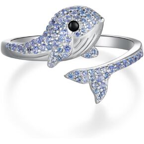 Whale Open Ring 925 Sterling Silver Whale Adjustable Ring Blue Beluga Whale Dolphin Rings Ocean Fish Beach Jewelry Gifts for Women Girl