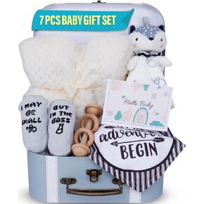 Baby Shower Gifts Set | 7 Pieces Baby Gift Box for Infant Boy or Girls 0-12 Months | Cute Baby Shower Gift' with Newborn Blanket, Security Blanket, Wooden Rattle Toy, Baby Bib and Socks, Greeting Card