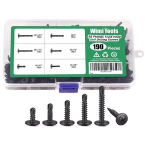 200pcs #10 x 1/2'' to 1-1/2'' Self Drilling Screws Assortment, 410 Stainless Steel Modified Truss Head, Black Oxide Self Tapping TEK Screws Kit