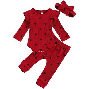 Baby Girl Cute Heart Print Crew Neck Ruffle Long Sleeve Romper And Long Pants Headband 3pcs Infant Spring Clothes