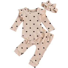 طفلة لطيف طباعة القلب طاقم الرقبة كشكش طويلة الأكمام رومبير والسراويل الطويلة عقال 3pcs ملابس الربيع الرضع