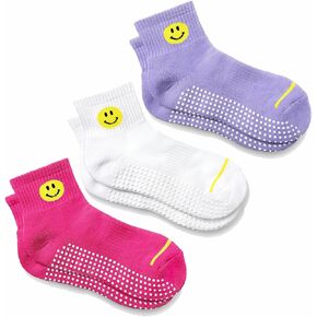 Smiley Grip Socks 3-Pack – Cushioned Comfort for Pilates & Studio, Non-Slip Performance Ankle Socks with Happy Face Design