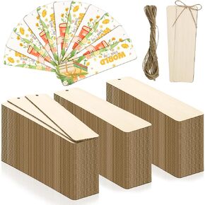 120 PCS Wood Blank Bookmarks Set Unfinished Wooden Bookmarks with 10m Rope, Hanging Blank Wooden Labels Wood Sign for Crafts, Wood Book Marker Tags for DIY Craft Decorations