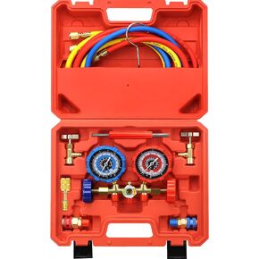 AC Gauges, AC Manifold Gauge Set with 5FT Hoses Couplers & Adapter, Piercing & Self-Sealing Can Tap for R134a R12 R22 R502 Refrigerant, Car AC Gauge Set Freon Charge Kit