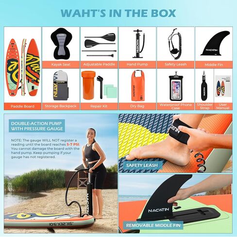 NACATIN Inflatable Stand Up Paddle Board with Kayak Seat,10'6"Upgrade Version Blow Up Paddle Boards for Adults with Free Premium SUP Accessories&Backpack,Adjustable Paddle,Camera Mount,Fins,Hand Pump in Saudi Arabia