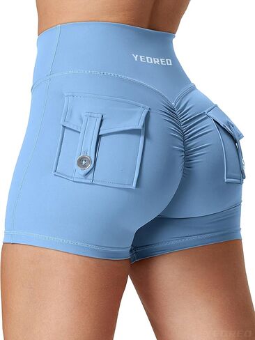 YEOREO Scrunch Workout Shorts with Pockets Charm Gym Biker Shorts for Women High Waisted Yoga Booty Shorts Light Blue S in Saudi Arabia