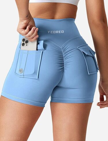 YEOREO Scrunch Workout Shorts with Pockets Charm Gym Biker Shorts for Women High Waisted Yoga Booty Shorts Light Blue S in Saudi Arabia