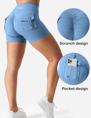 YEOREO Scrunch Workout Shorts with Pockets Charm Gym Biker Shorts for Women High Waisted Yoga Booty Shorts Light Blue S in Saudi Arabia