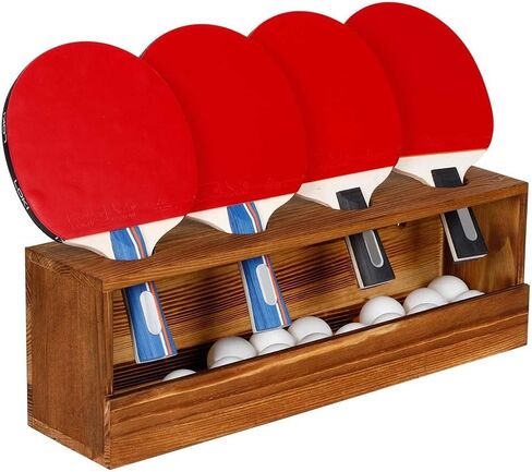 Ping Pong Paddle Storage Rack - Wall Mounted Table Tennis Holder for 4 Rackets and Balls Storage in Garage, Bedroom, Home, Rustic Burnt in Kuwait