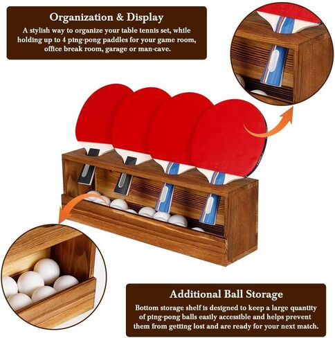 Ping Pong Paddle Storage Rack - Wall Mounted Table Tennis Holder for 4 Rackets and Balls Storage in Garage, Bedroom, Home, Rustic Burnt in Kuwait