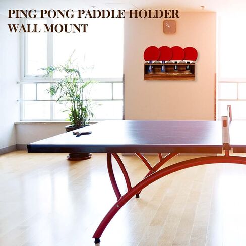 Ping Pong Paddle Storage Rack - Wall Mounted Table Tennis Holder for 4 Rackets and Balls Storage in Garage, Bedroom, Home, Rustic Burnt in Kuwait