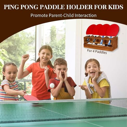 Ping Pong Paddle Storage Rack - Wall Mounted Table Tennis Holder for 4 Rackets and Balls Storage in Garage, Bedroom, Home, Rustic Burnt in Kuwait
