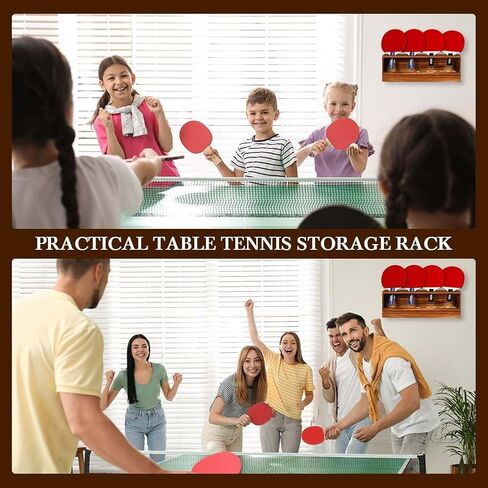 Ping Pong Paddle Storage Rack - Wall Mounted Table Tennis Holder for 4 Rackets and Balls Storage in Garage, Bedroom, Home, Rustic Burnt in Kuwait