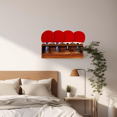 Ping Pong Paddle Storage Rack - Wall Mounted Table Tennis Holder for 4 Rackets and Balls Storage in Garage, Bedroom, Home, Rustic Burnt in Kuwait