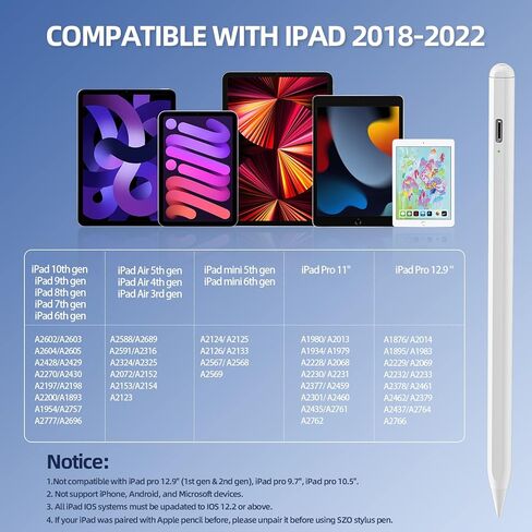 قلم ستايلس لجهاز iPad، قلم Apple مع خاصية رفض راحة اليد، متوافق مع (2018-2022) Apple iPad Pro (11/12.9 بوصة)، iPad Air 3rd/4th Gen، iPad 6/7/8th Gen، iPad Mini 5th Gen، للدقة الكتابة/الرسم in Kuwait
