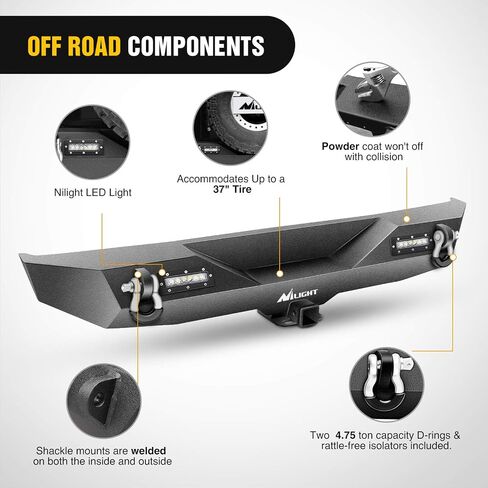 Nilight Rear Bumper Compatible for 1987-2006 Jeep Wrangler TJ&YJ,Rock Crawler Bumper with Hitch Receiver & 2X Nilight Upgraded 40W LED Lights Off Road Textured Black,2 years Warranty in Saudi Arabia