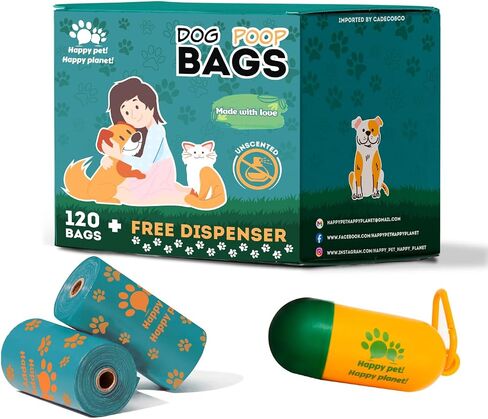 Dog Poop Bags Rolls with Dispenser, Pet waste bags for Dog & Cat, Unscented doggie bags, Bulk dog poop bags Thick and Leakproof, Dog waste bags 120 Pieces 9 * 13 inches Happy Pet! Happy Planet! in Saudi Arabia