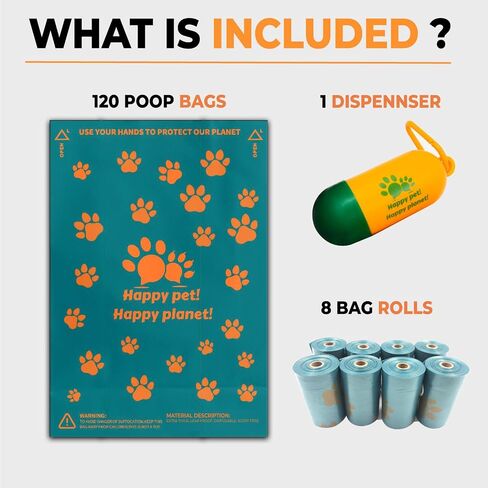 Dog Poop Bags Rolls with Dispenser, Pet waste bags for Dog & Cat, Unscented doggie bags, Bulk dog poop bags Thick and Leakproof, Dog waste bags 120 Pieces 9 * 13 inches Happy Pet! Happy Planet! in Saudi Arabia
