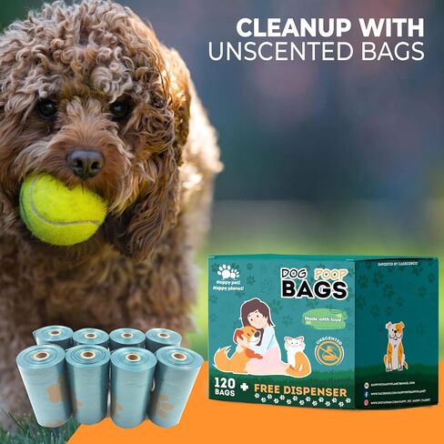 Dog Poop Bags Rolls with Dispenser, Pet waste bags for Dog & Cat, Unscented doggie bags, Bulk dog poop bags Thick and Leakproof, Dog waste bags 120 Pieces 9 * 13 inches Happy Pet! Happy Planet! in Saudi Arabia