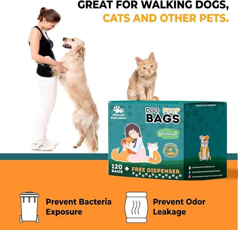 Dog Poop Bags Rolls with Dispenser, Pet waste bags for Dog & Cat, Unscented doggie bags, Bulk dog poop bags Thick and Leakproof, Dog waste bags 120 Pieces 9 * 13 inches Happy Pet! Happy Planet! in Saudi Arabia