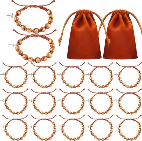 12 Pcs Wood Beaded Stretch Rosary Bracelet with 12 Pcs Velvet Bags Brown Catholic Bracelets with Silver Toned Cross Charm Religious Rosary Bead Bracelet for Communion Confirmation Baptism in Saudi Arabia
