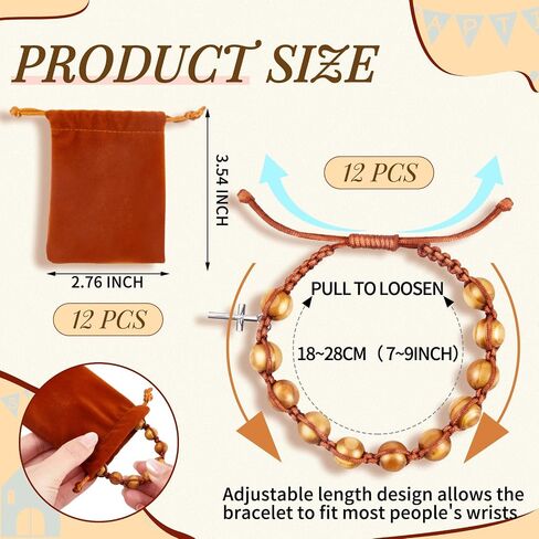 12 Pcs Wood Beaded Stretch Rosary Bracelet with 12 Pcs Velvet Bags Brown Catholic Bracelets with Silver Toned Cross Charm Religious Rosary Bead Bracelet for Communion Confirmation Baptism in Saudi Arabia