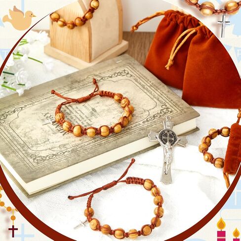 12 Pcs Wood Beaded Stretch Rosary Bracelet with 12 Pcs Velvet Bags Brown Catholic Bracelets with Silver Toned Cross Charm Religious Rosary Bead Bracelet for Communion Confirmation Baptism in Saudi Arabia