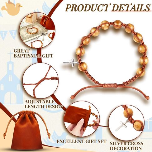 12 Pcs Wood Beaded Stretch Rosary Bracelet with 12 Pcs Velvet Bags Brown Catholic Bracelets with Silver Toned Cross Charm Religious Rosary Bead Bracelet for Communion Confirmation Baptism in Saudi Arabia