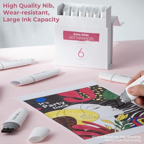 Ohuhu Alcohol Markers Extra Wide Broad Tip - Refillable Ink- 6 Colors of Sky Glass - 1-19mm Nib Calligraphy Markers for Background Poster Design Renderings Large Areas Coloring Molokai Series in Saudi Arabia