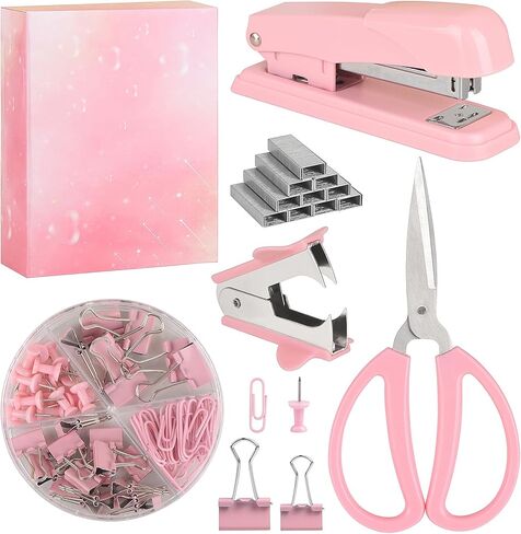 Pink Stapler, Pink Office Supplies Desk Accessories Set for Women with Stapler, Staple Remover and 1000 Staples, Clips, Scissor in Kuwait