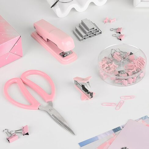 Pink Stapler, Pink Office Supplies Desk Accessories Set for Women with Stapler, Staple Remover and 1000 Staples, Clips, Scissor in Kuwait