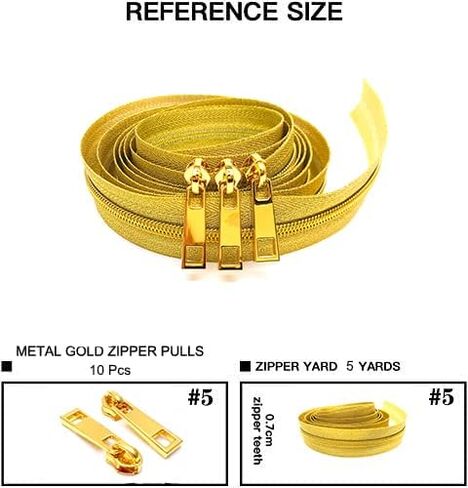Goyunwell Zipper Tape by The Yard #5 Luxury Gold 5 Yards Nylon Zippers by The Yard with 10pcs Gold Pulls #5 for Bag Purse Making Sewing in Saudi Arabia