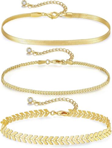 MAIBAOTA Gold Anklets for Women 14K Gold Plated Ankle Bracelets 3 Pcs Adjustable Layered Summer Beach Waterproof Anklets 8.6"+1.97" Foot Jewelry Gifts for Women in Kuwait