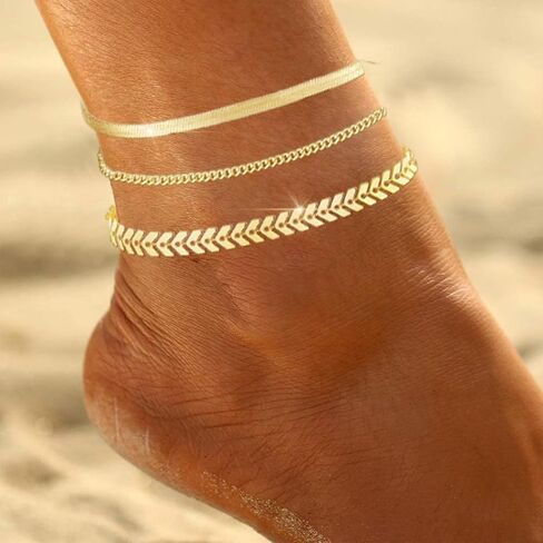 MAIBAOTA Gold Anklets for Women 14K Gold Plated Ankle Bracelets 3 Pcs Adjustable Layered Summer Beach Waterproof Anklets 8.6"+1.97" Foot Jewelry Gifts for Women in Kuwait