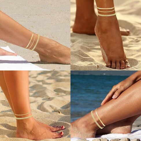 MAIBAOTA Gold Anklets for Women 14K Gold Plated Ankle Bracelets 3 Pcs Adjustable Layered Summer Beach Waterproof Anklets 8.6"+1.97" Foot Jewelry Gifts for Women in Kuwait