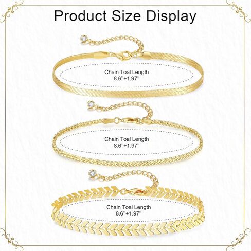 MAIBAOTA Gold Anklets for Women 14K Gold Plated Ankle Bracelets 3 Pcs Adjustable Layered Summer Beach Waterproof Anklets 8.6"+1.97" Foot Jewelry Gifts for Women in Kuwait