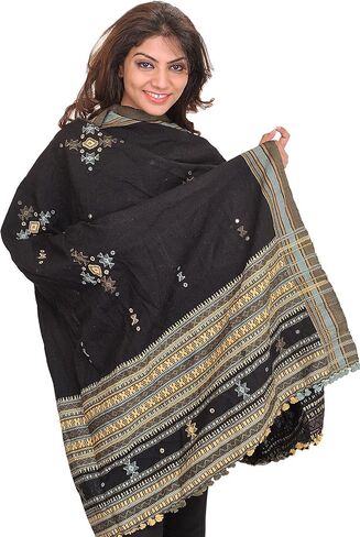 Shawl from Kutch with Embroidered Bootis and Mirrors - Wool in Saudi Arabia
