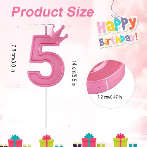 3 Inch Birthday Number Candle, 3D Number Candle with Crown Decor Large Cake Topper Number Candles for Birthday Cakes Wedding Anniversary Graduation Festival Party (Pink, 5) in Saudi Arabia