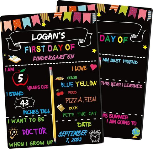 قطعتان من لوحة اليوم الأخير من المدرسة - لوحة اليوم الأول من المدرسة مقاس 14 × 10 بوصة مزدوجة الجوانب للعودة إلى المدرسة للأطفال والبنات والأولاد، لافتة سبورة خشبية لليوم الأول قابلة لإعادة الاستخدام من K12 in Kuwait