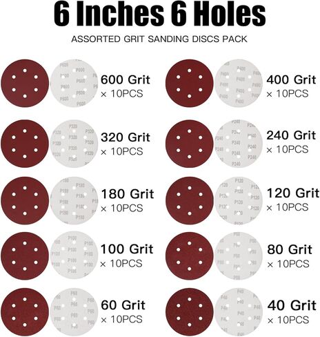 100 قطعة من أقراص الصنفرة مقاس 6 بوصة و6 فتحات بخطاف وحلقة، 40/60/80/100/120/180/240/320/400/600 قرص ورق الصنفرة لآلة الصنفرة المدارية in Kuwait