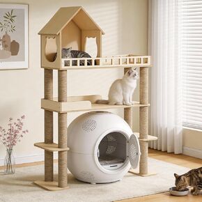 Wood Cat Tree for Automatic Litter Box, 60.2 Inch Tall Modern Cat Tree Tower with Litter Box Enclosure, Multi-Level Wooden Cats Tower Furniture with Scratching Posts, Condo House for Indoor Cats C3 in Kuwait