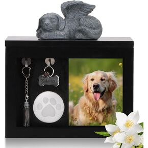 Black Wooden Dog Urn for Ashes with Photo Frame – Pet Memorial Box with Statue, Paw Print Kit & Hair Keepsake Bottle, Holds Up to 35kg(24x14x18cm) in Kuwait