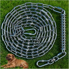 Heavy Duty Dog Tie Out Chain with Shock Absorbing Spring, 25ft 304 Stainless Steel 4MM(5/32") Chew Proof Cable Lead for Medium/Large Dogs up to 200lbs, Rust-Resistant Outdoor Runner for Yard, Camping in Saudi Arabia