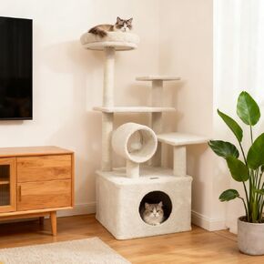 PETSITE Multi-Level Cat Tree Tower, 48 Inches Tall with Sisal Scratching Posts, Condo, Tunnel with Dangling Ball Inside, Padded Top Perch, Multiple Jumping Platforms, Ideal for Indoor Cats (Beige) in Kuwait