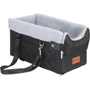 Vivifying Center Console Dog Car Seat for Small Dogs Up to 10 lbs, Plush Pet Booster Seat with Safety Leash, Adjustable Straps, Storage Pocket, Portable Car Seat for Puppies, Black & Grey in Kuwait