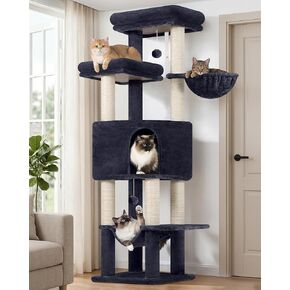 Globlazer Tall Cat Tree Tower for Large Adult Cats, Multi-Level Large 65 Inch Cat Scratching Tower with Hammock, 6 Scratching Posts, Basket and 2 Perches for Indoor Multiple Cats, F65D, Dark Grey in Kuwait