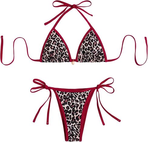 WDIRARA Women's Leopard String Bikini Set Halter Triangle Swimsuit Contrast Trim 2 Piece Bathing Suit in Saudi Arabia