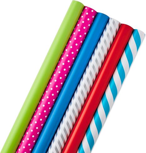 Hallmark All Occasion Wrapping Paper Bundle with Cut Lines on Reverse (Pack of 6; 180 sq. ft. ttl.) Solids, Polka Dots & Stripes for Birthdays, Easter, Mothers Day, Weddings, Baby Showers (5JXW1746) in Kuwait