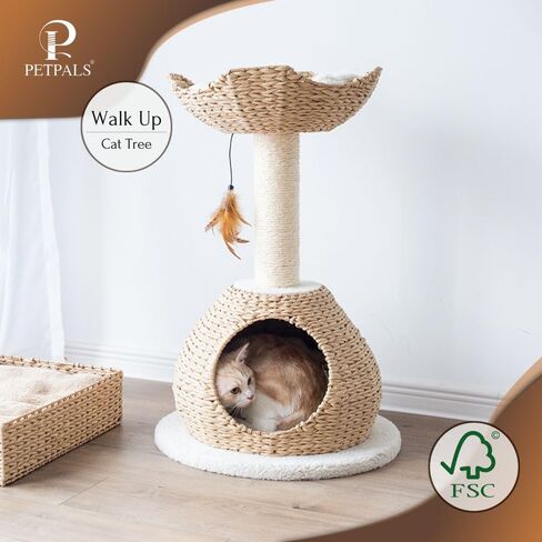 سرير القطط من Petpals مقاس 28 بوصة منسوج يدويًا بمستويين من الحبال الورقية وسلة كبيرة منسوجة يدويًا مع وسائد قابلة للغسل، بديل لعمود خدش السيزال الطبيعي للقطط الداخلية in Kuwait